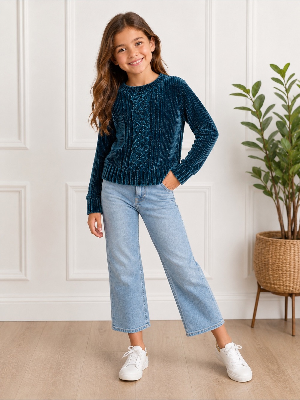 Girls' Teal Cable-Knit Velvet Sweater XS (4-5)